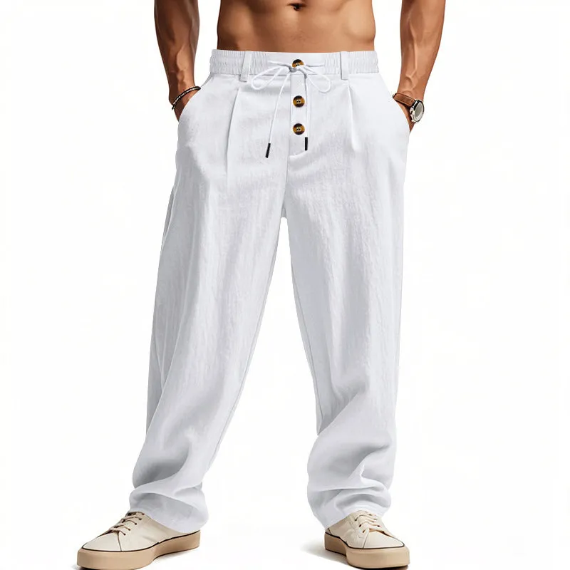 Men's breathable cotton linen loose leisure sports trousers in light khaki, high waist, straight leg