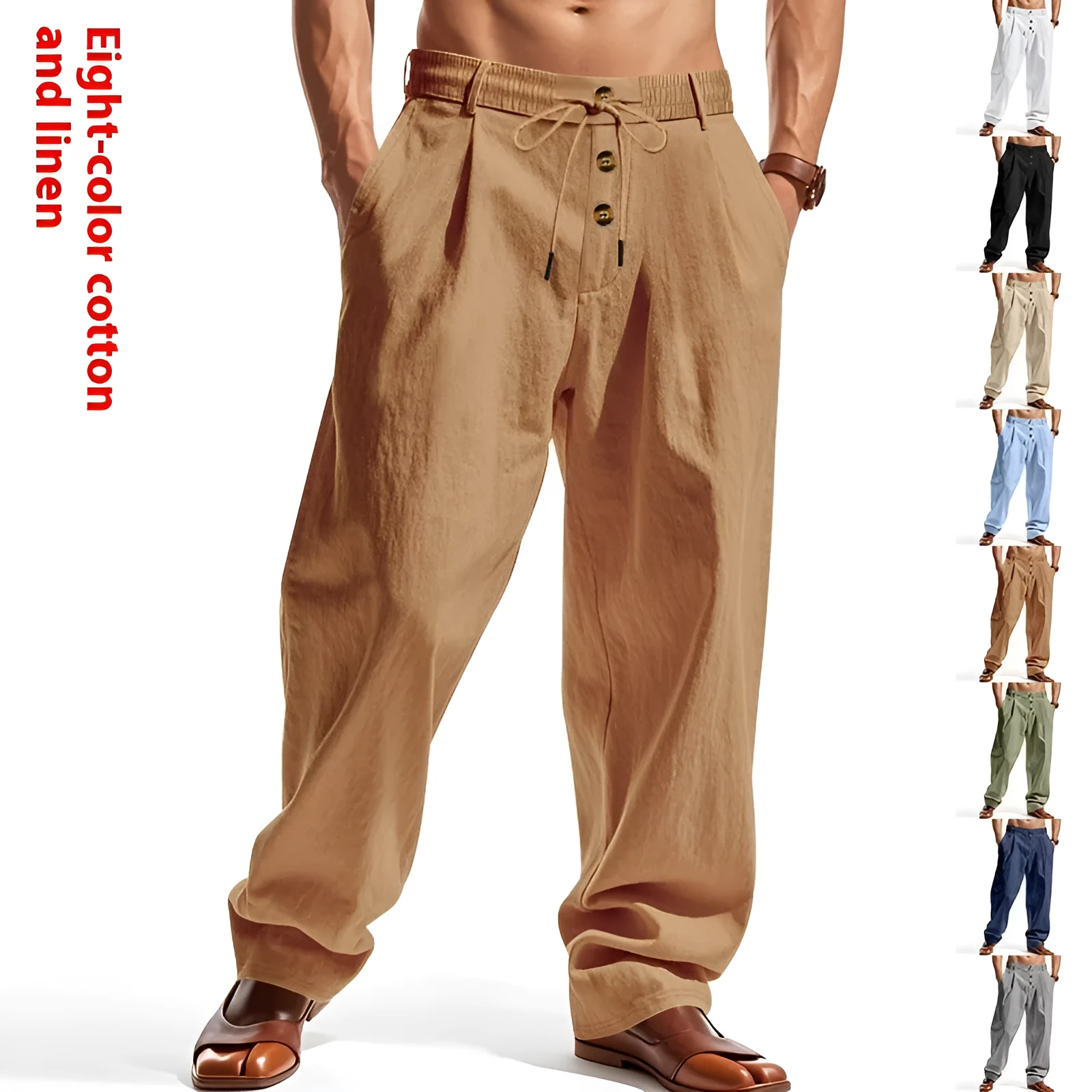 Men's breathable cotton linen loose leisure sports trousers in light khaki, high waist, straight leg