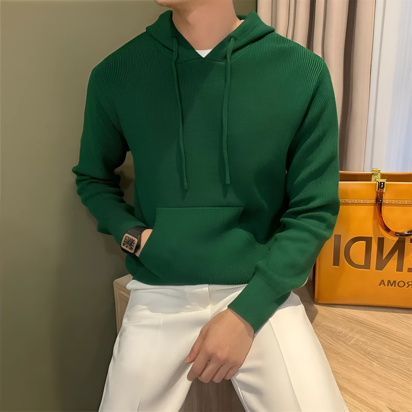 Lazy slightly loose all-matching knitted sweater in green polyester fibre long sleeves pullover