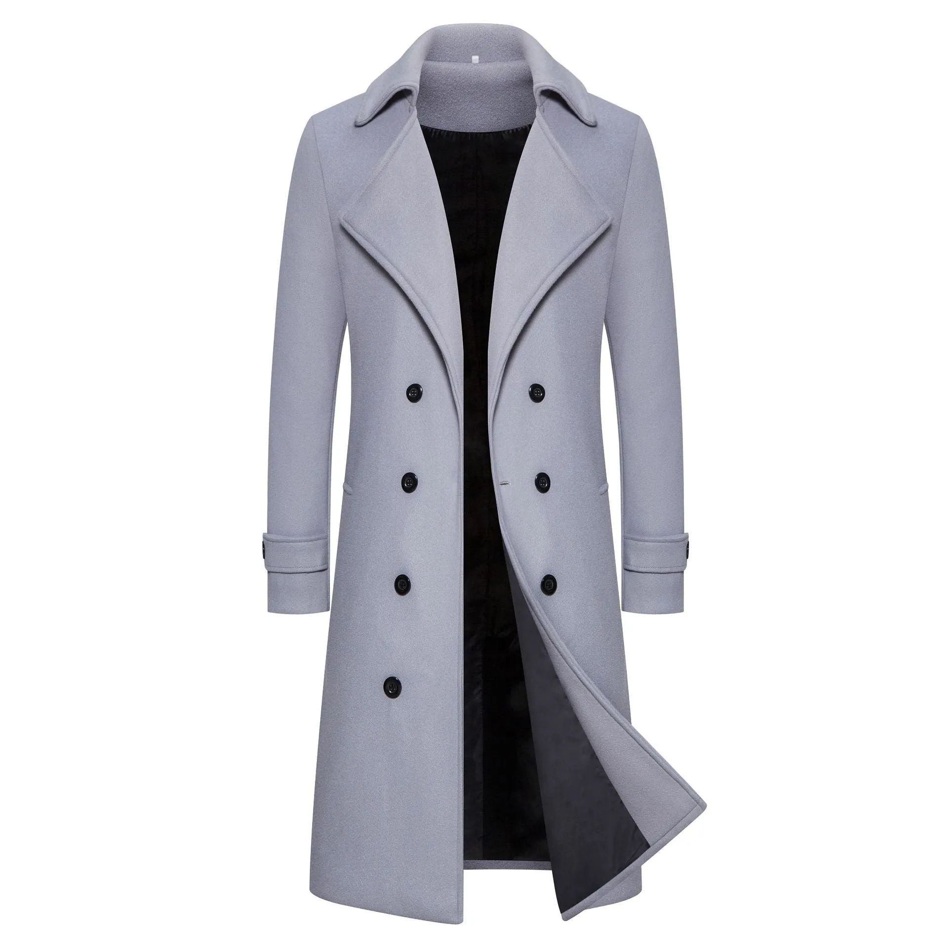 Men's long double breasted trench coat in khaki with side seam pockets, slim fit, cotton blend, sizes M to 5XL