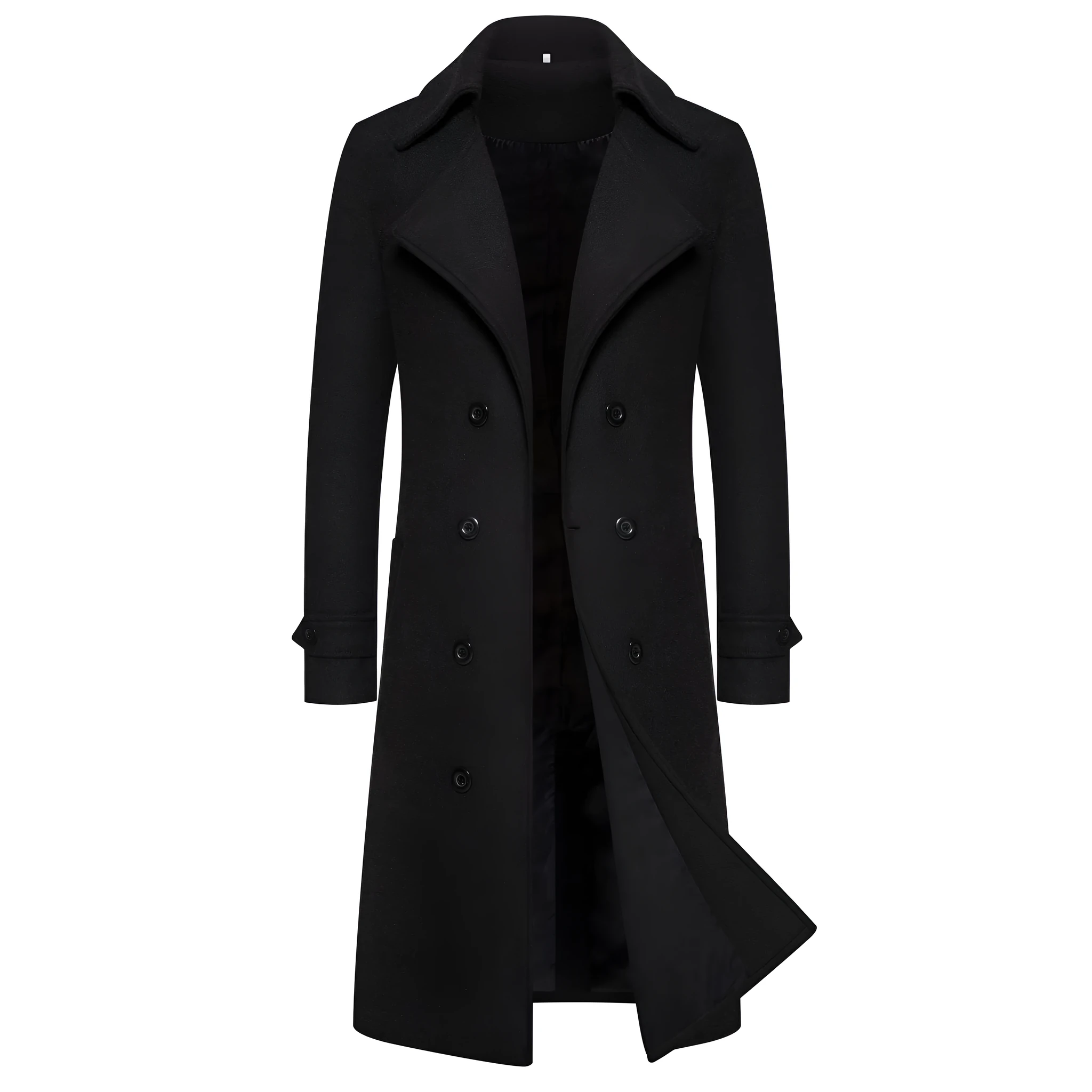 Men's long double breasted trench coat in khaki with side seam pockets, slim fit, cotton blend, sizes M to 5XL