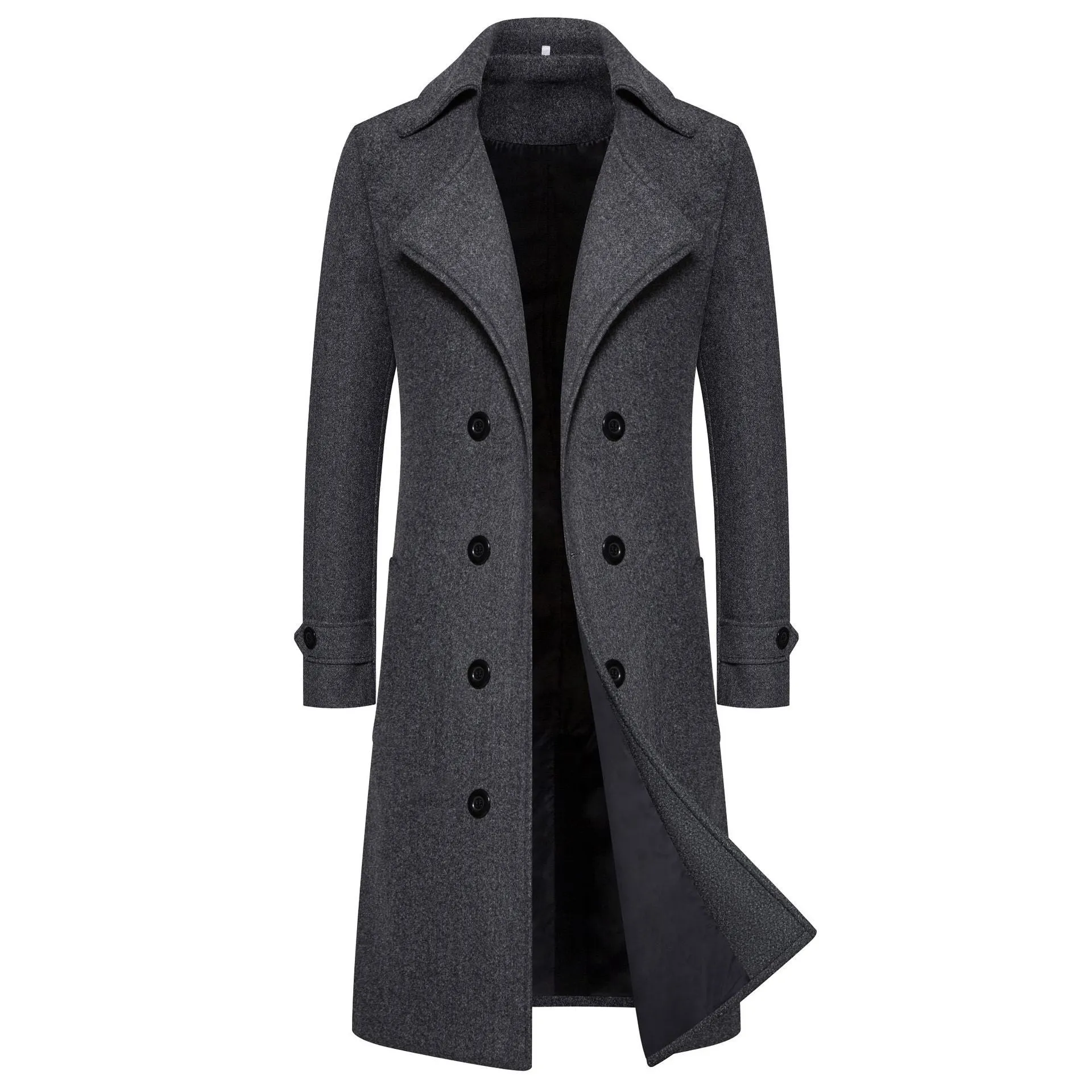 Men's long double breasted trench coat in khaki with side seam pockets, slim fit, cotton blend, sizes M to 5XL