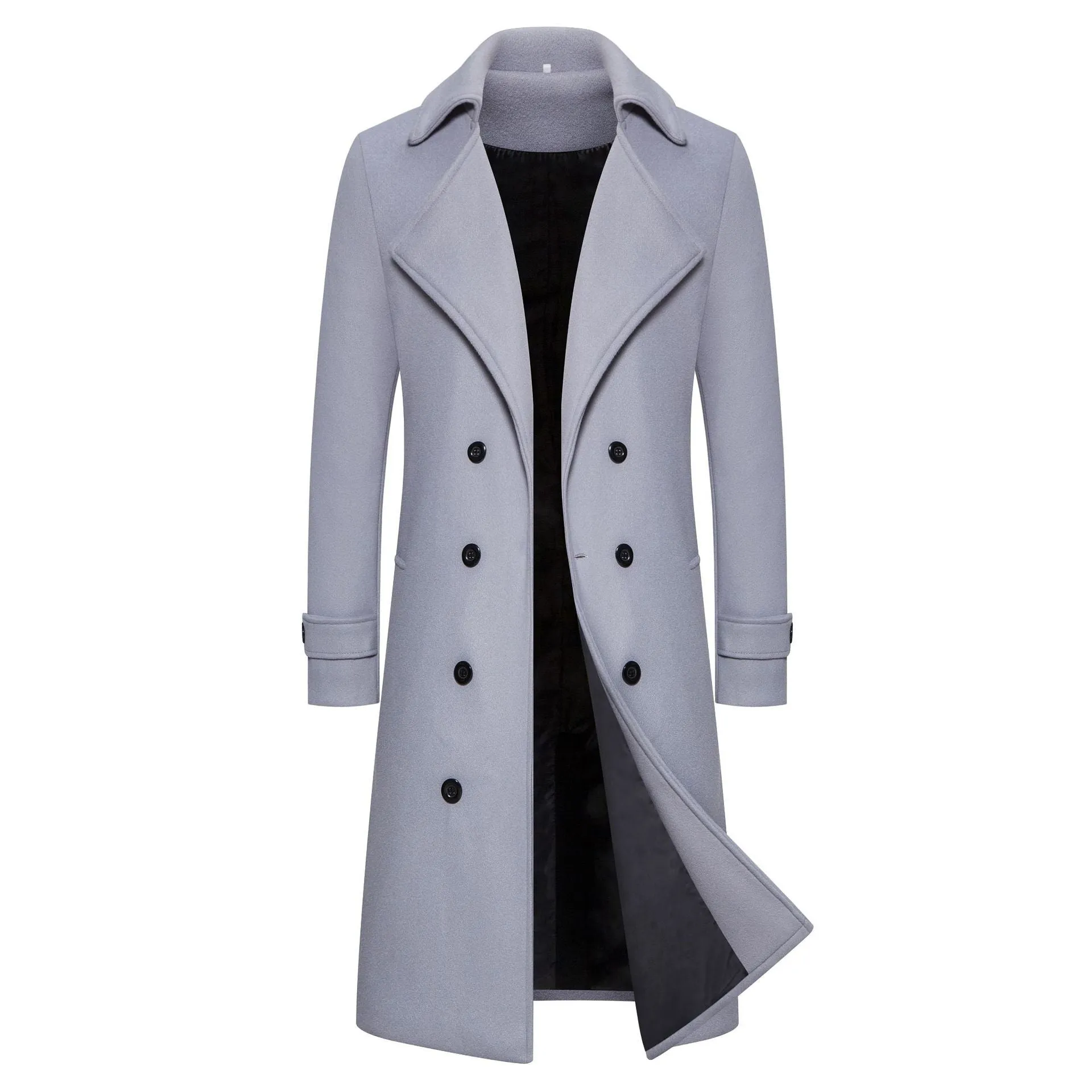 Men's long double breasted trench coat in khaki with side seam pockets, slim fit, cotton blend, sizes M to 5XL