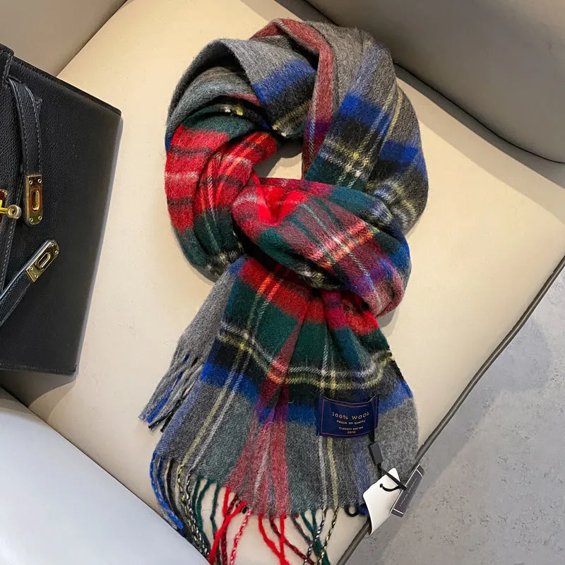 Men's winter wool scarf in red grid pattern, 180x32cm, warp knitting construction