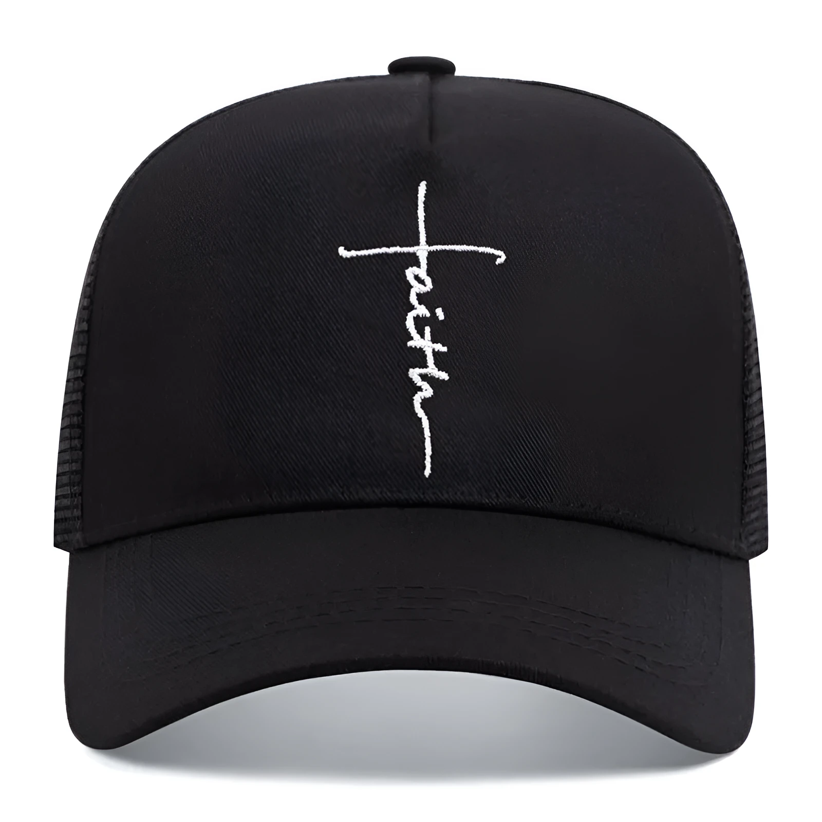 Cross English embroidery breathable cotton baseball cap in black, adjustable 55-61cm, with sunshade brim