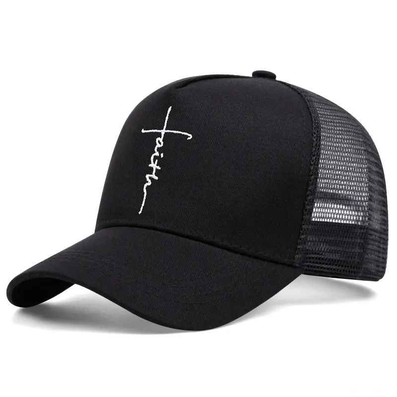 Cross English embroidery breathable cotton baseball cap in black, adjustable 55-61cm, with sunshade brim