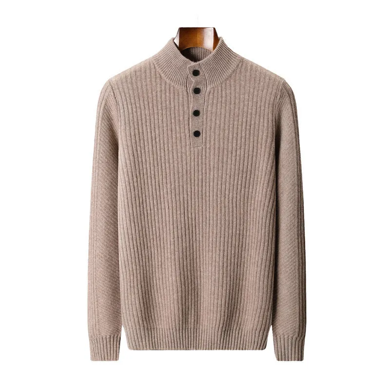 Men's half turtleneck button sweater pullover loose fit wool winter long sleeve