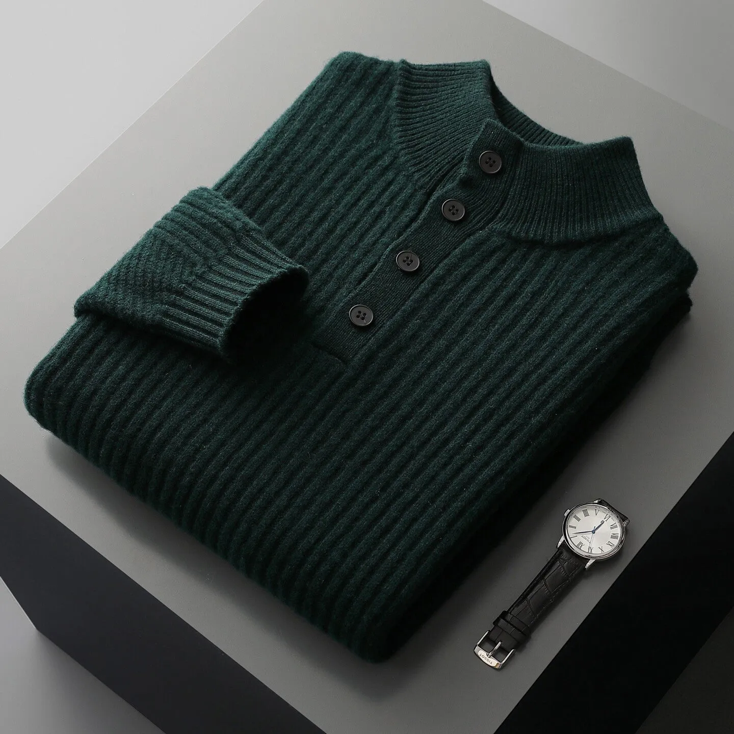 Men's half turtleneck button sweater pullover loose fit wool winter long sleeve