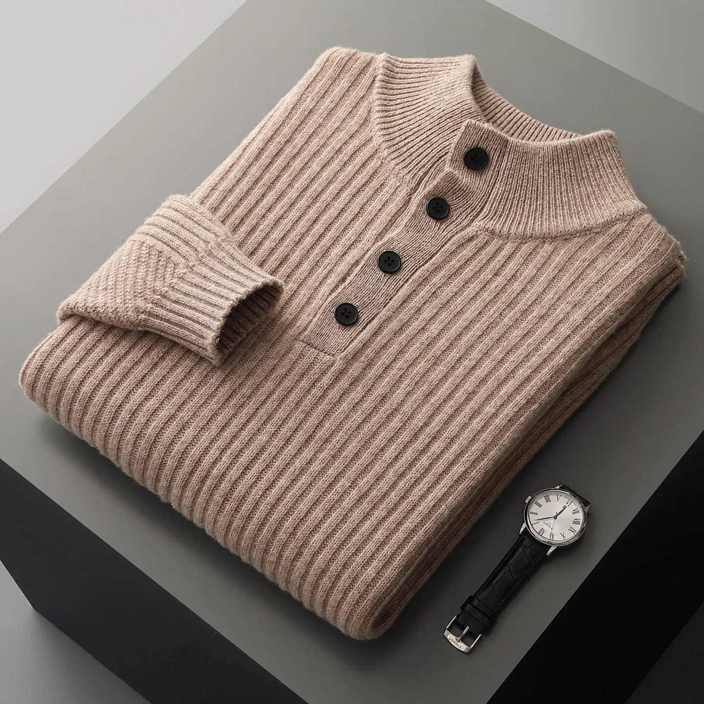 Men's half turtleneck button sweater pullover loose fit wool winter long sleeve