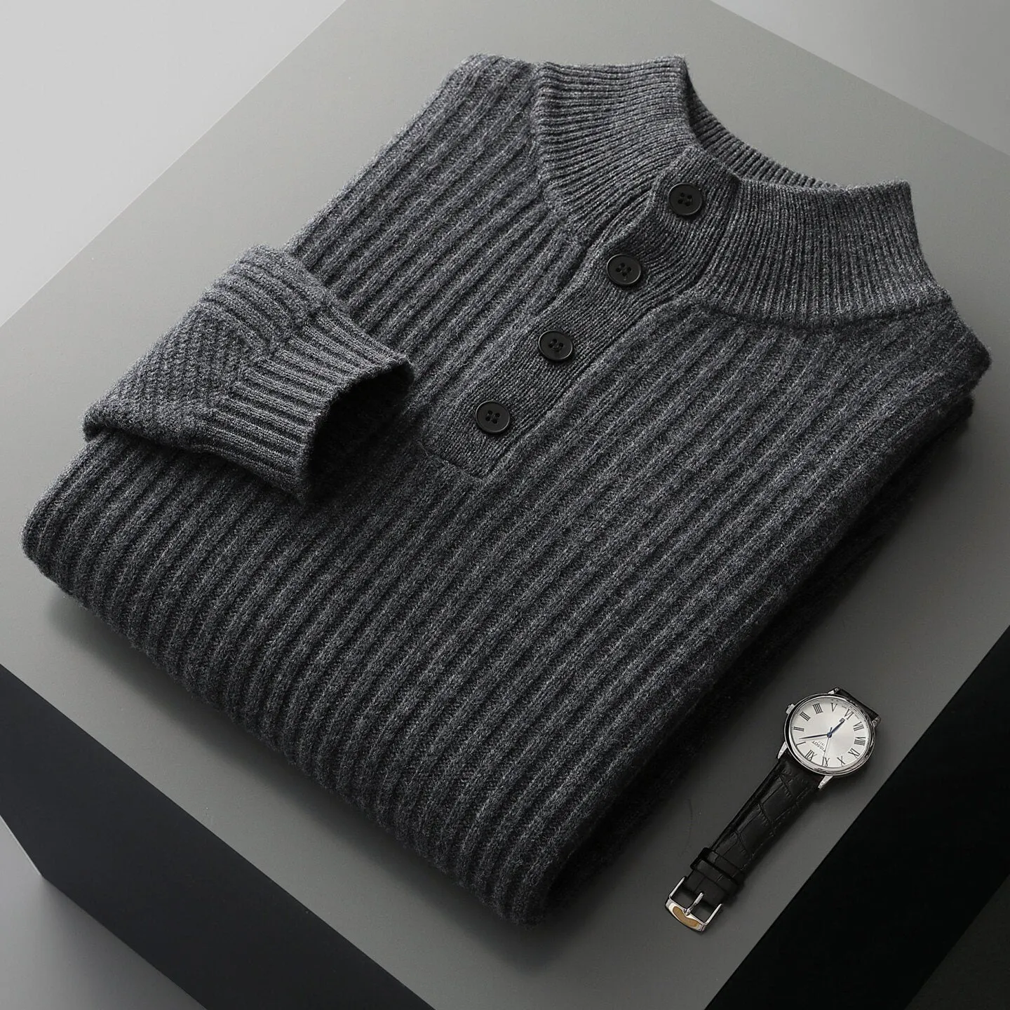 Men's half turtleneck button sweater pullover loose fit wool winter long sleeve