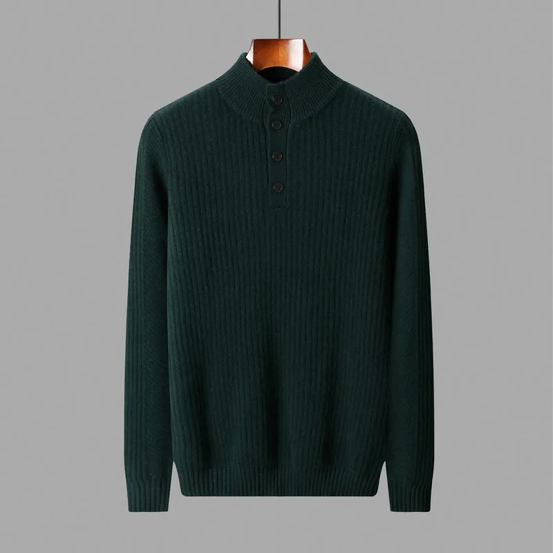 Men's half turtleneck button sweater pullover loose fit wool winter long sleeve