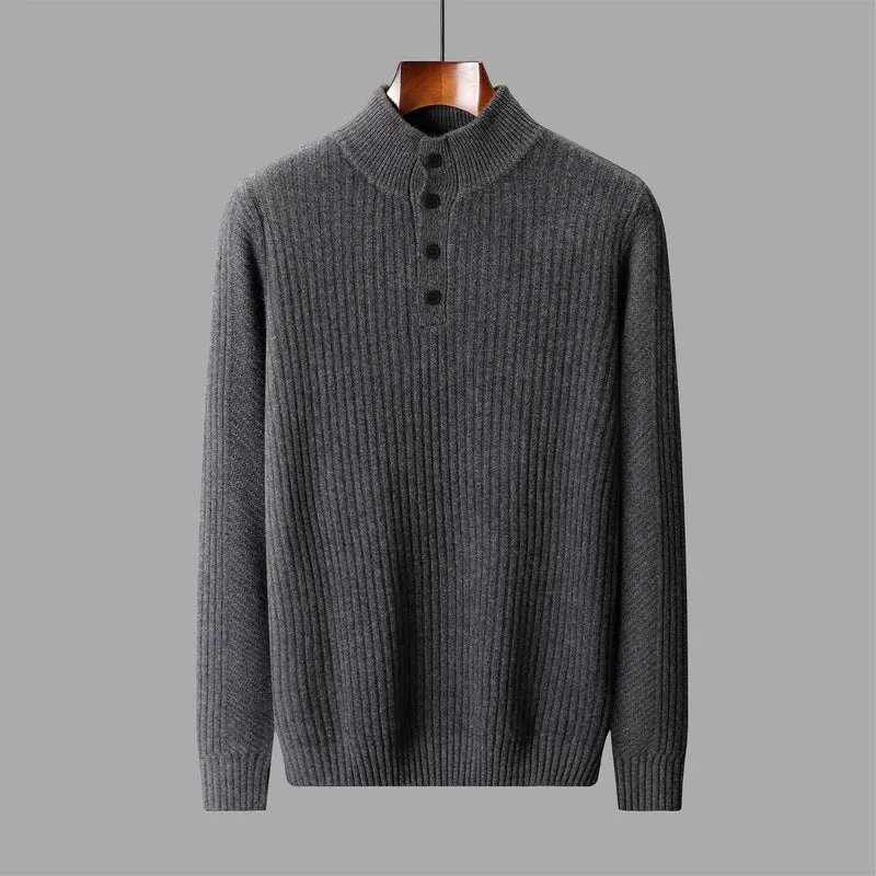 Men's half turtleneck button sweater pullover loose fit wool winter long sleeve