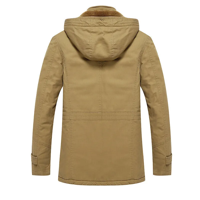 Men's fleece-lined warm cotton jacket in khaki, long sleeves, casual European and American style