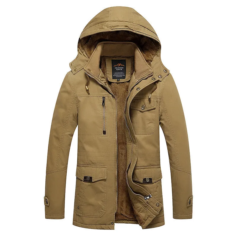 Men's fleece-lined warm cotton jacket in khaki, long sleeves, casual European and American style