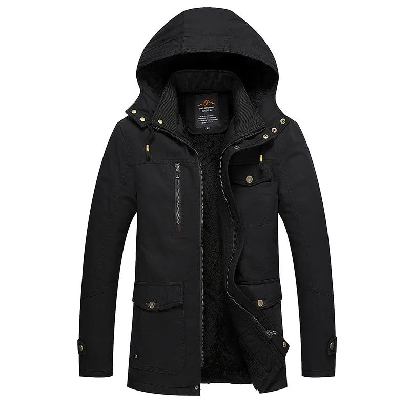 Men's fleece-lined warm cotton jacket in khaki, long sleeves, casual European and American style