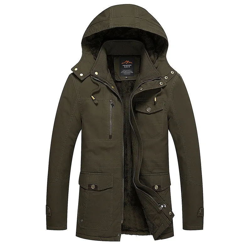 Men's fleece-lined warm cotton jacket in khaki, long sleeves, casual European and American style