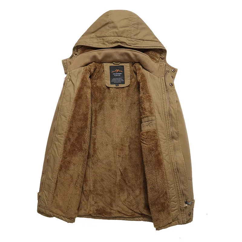 Men's fleece-lined warm cotton jacket in khaki, long sleeves, casual European and American style