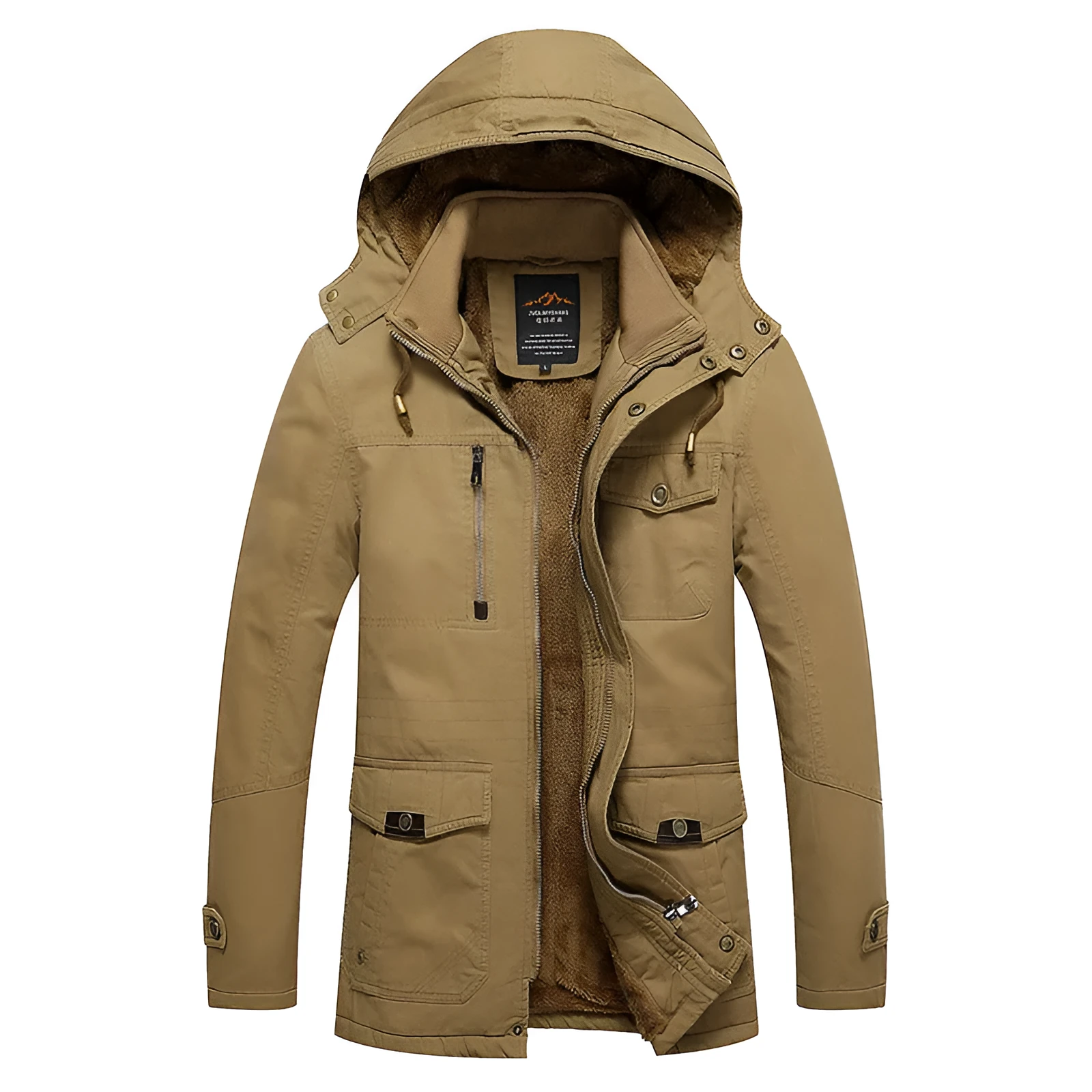 Men's fleece-lined warm cotton jacket in khaki, long sleeves, casual European and American style