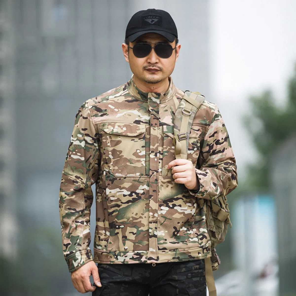 Bone Frog Peak Breaker soft shell tactical jacket in black camouflage colour for mountaineering.