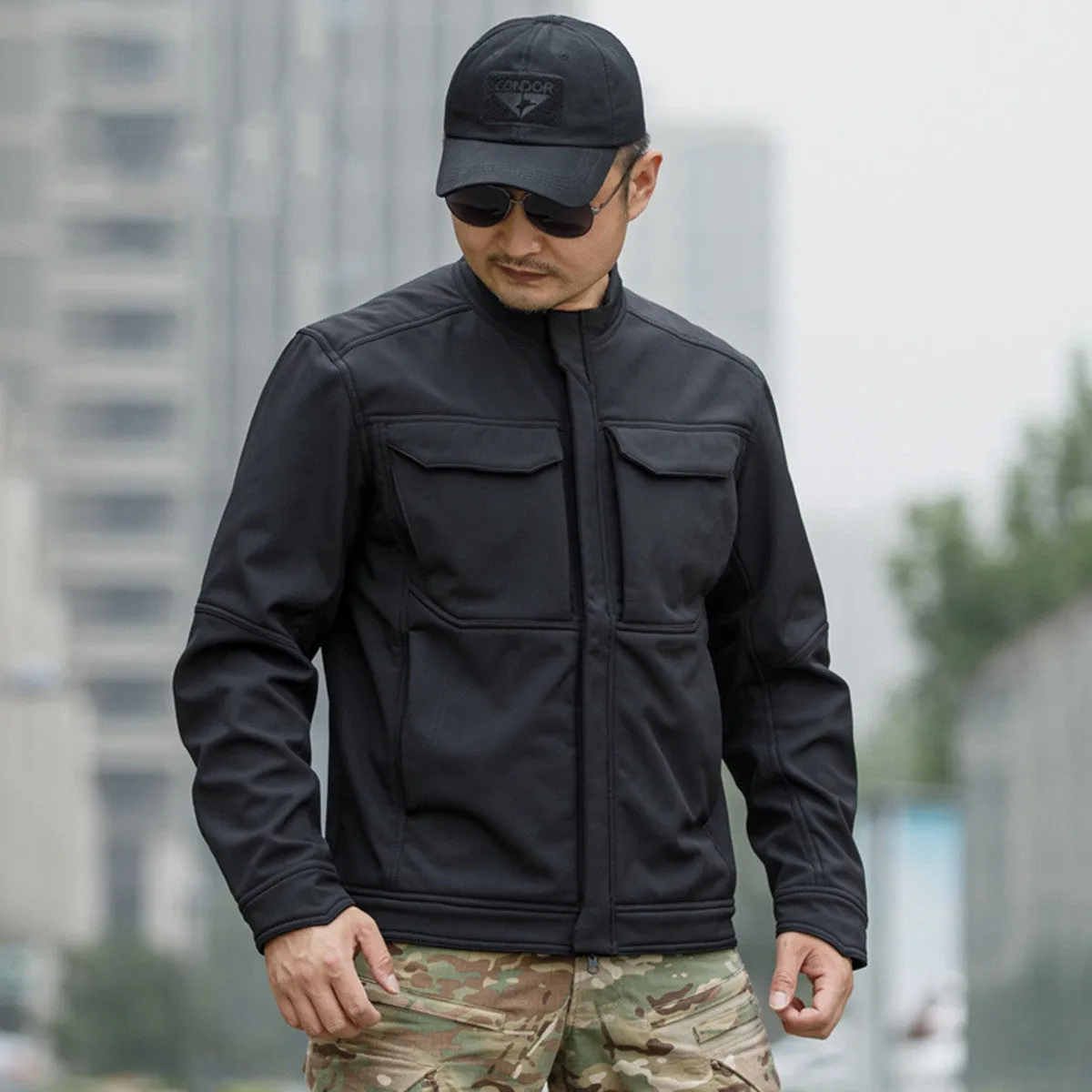 Bone Frog Peak Breaker soft shell tactical jacket in black camouflage colour for mountaineering.