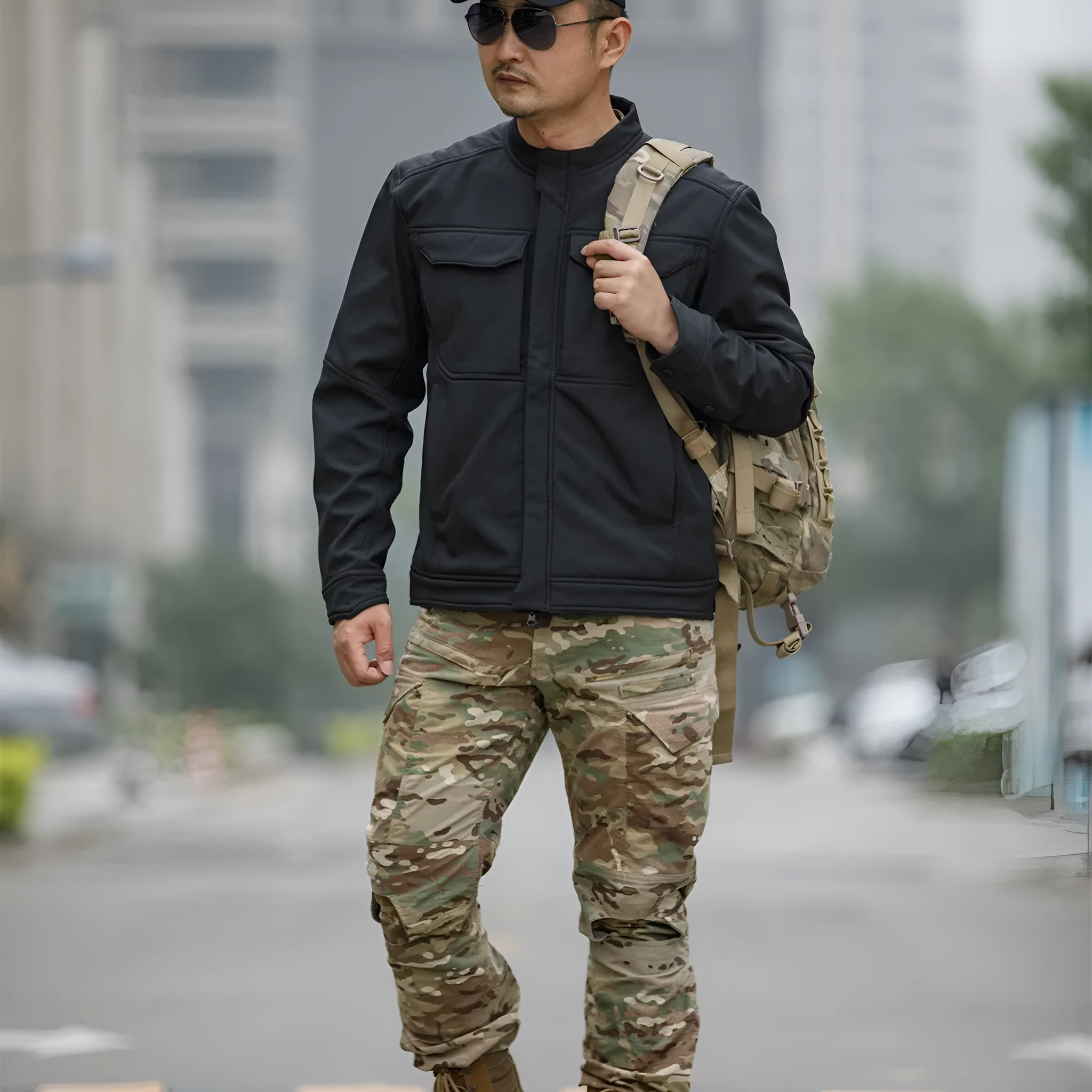 Bone Frog Peak Breaker soft shell tactical jacket in black camouflage colour for mountaineering.