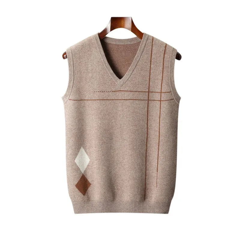 Men's striped V-neck sleeveless pure wool pullover in camel, loose fit thickened top