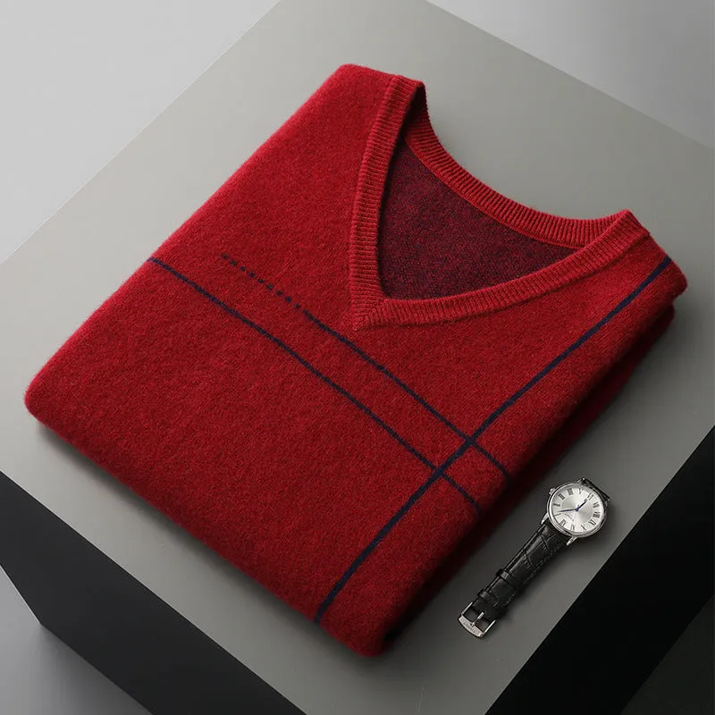 Men's striped V-neck sleeveless pure wool pullover in camel, loose fit thickened top