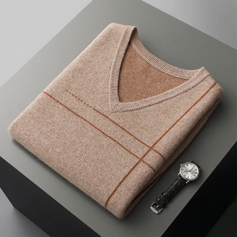 Men's striped V-neck sleeveless pure wool pullover in camel, loose fit thickened top