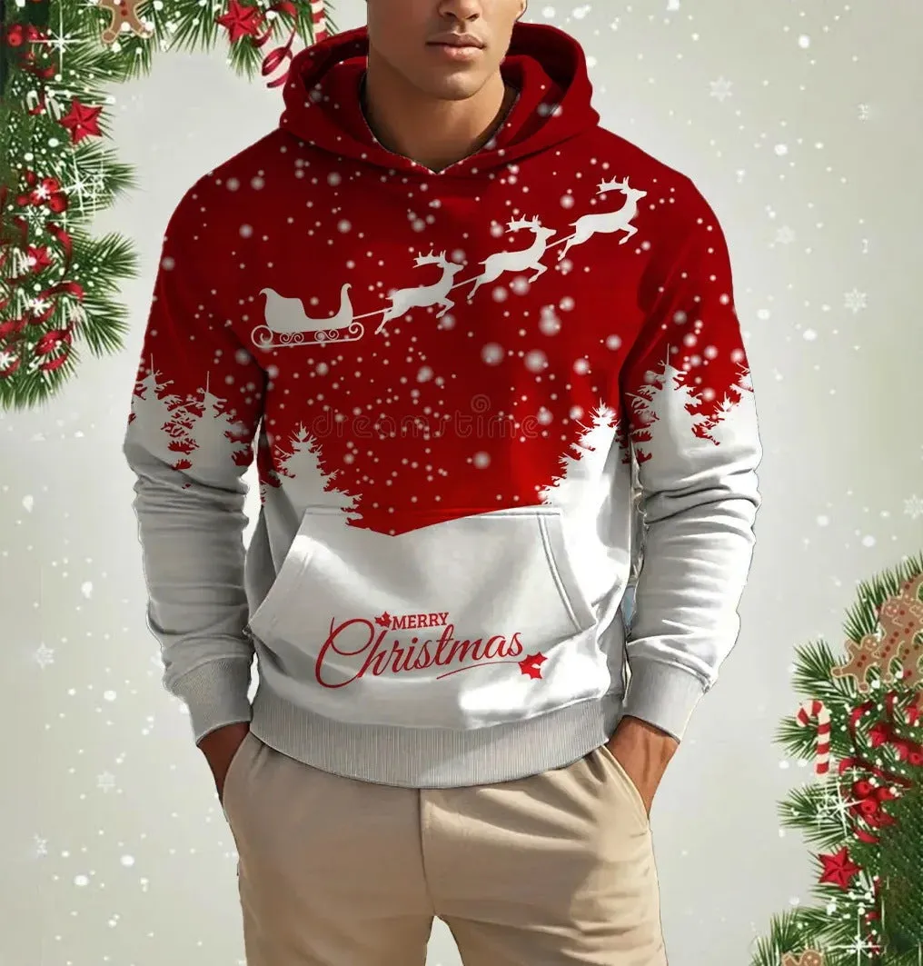 Men's Christmas reindeer 3D printed hoodie in red, front view, pullover style, polyester fibre fabric.