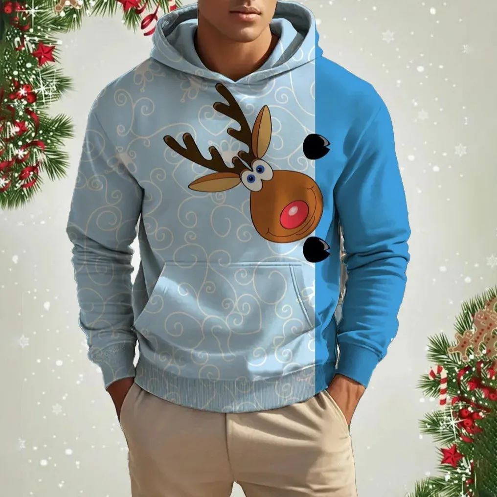 Men's Christmas reindeer 3D printed hoodie in red, front view, pullover style, polyester fibre fabric.