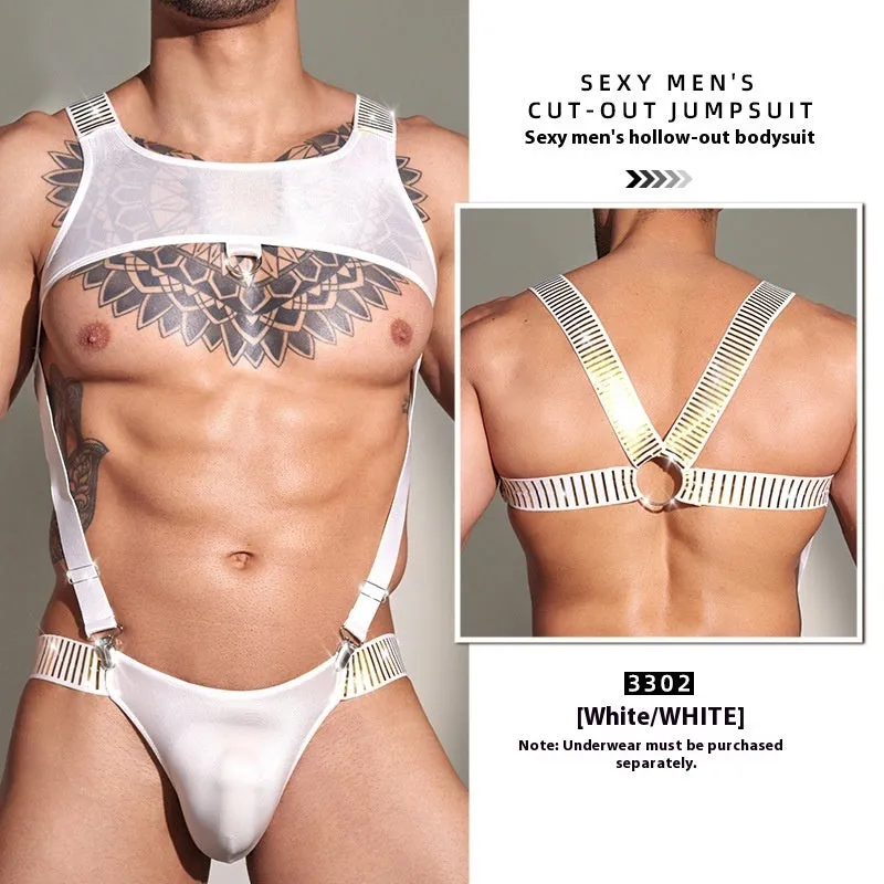 Sexy cutout men's new slim top in black nylon, average size, front view on male model