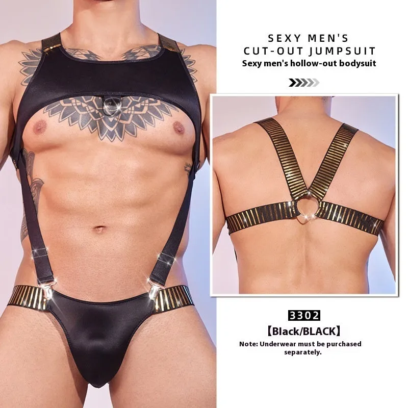 Sexy cutout men's new slim top in black nylon, average size, front view on male model