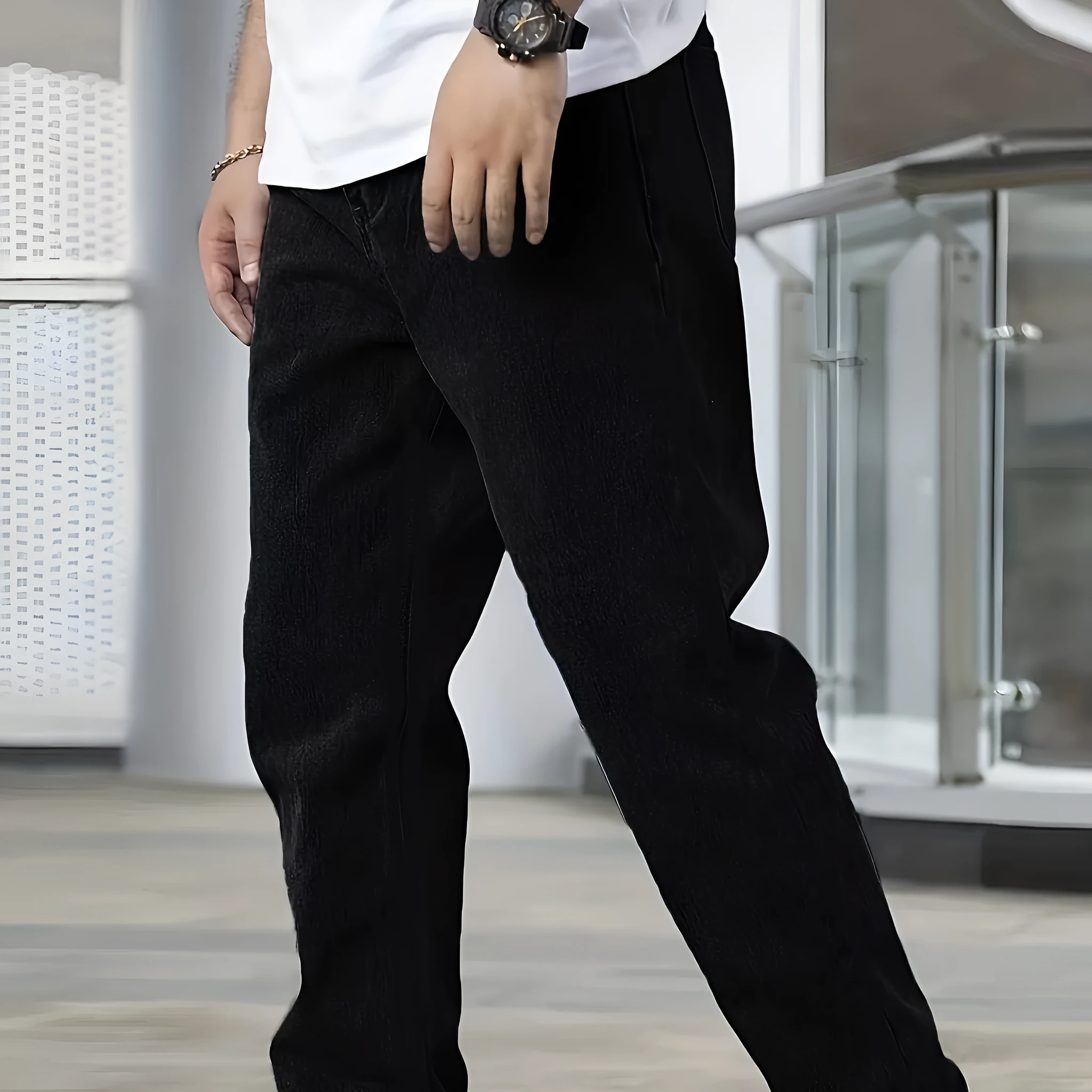 Men's black straight-leg cotton jeans mid-rise zip fly casual trousers front view