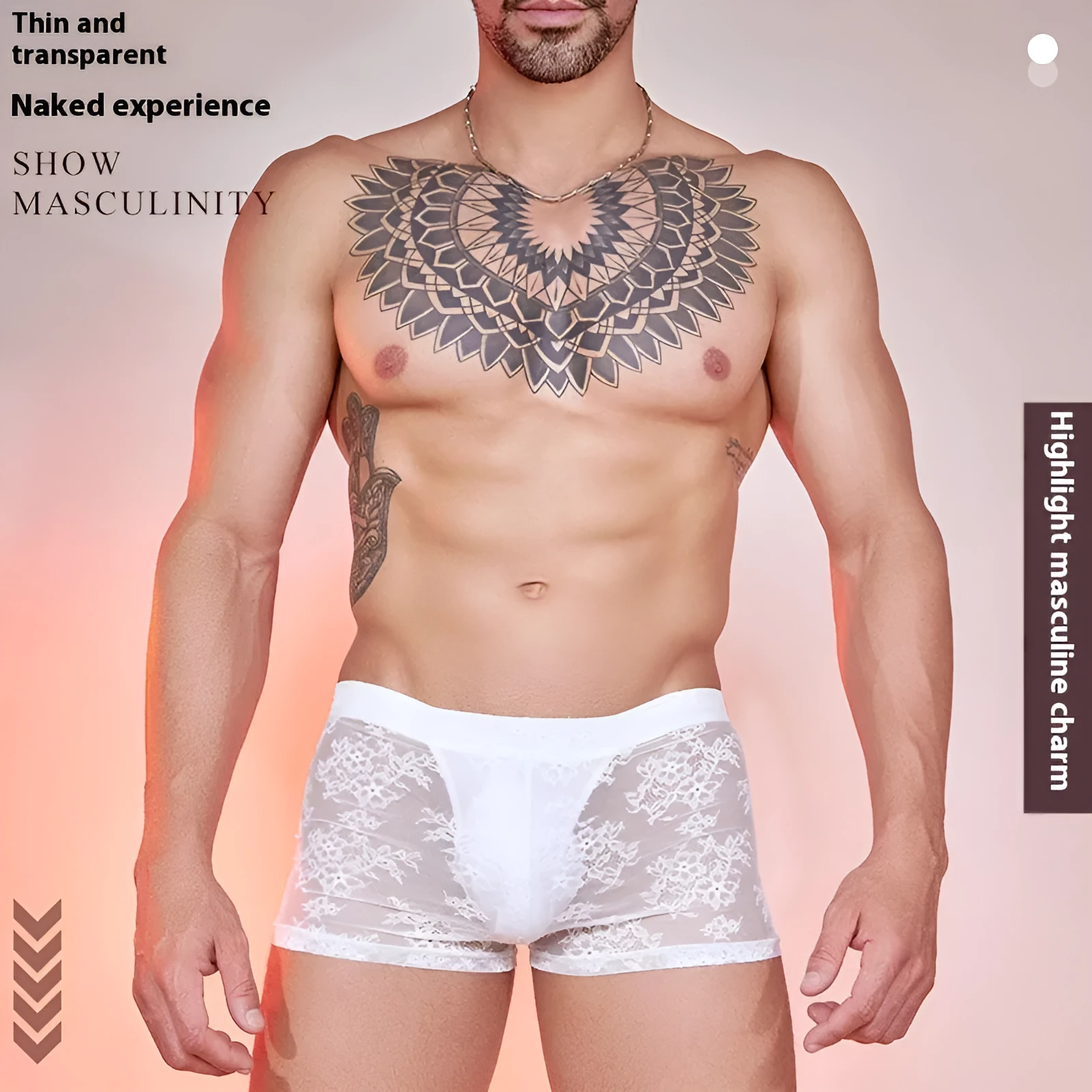 Men's lace boxers in nylon, shown in black, white, and red colours.