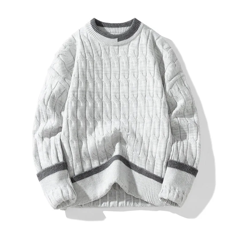 Men's loose fit two-piece modal acrylic sweater set in beige, shown as a pullover with long sleeves.