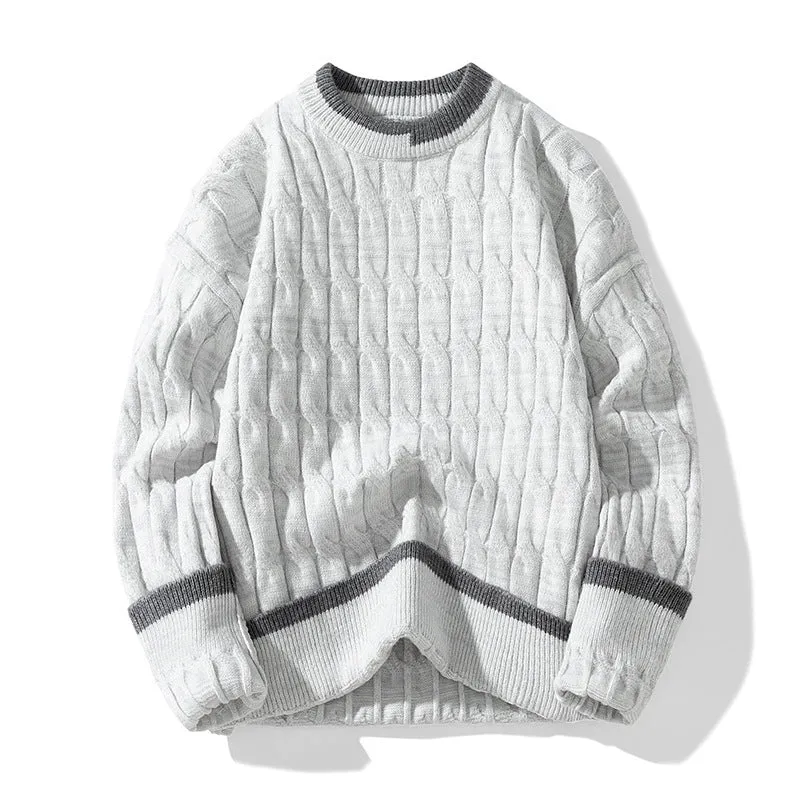 Men's loose fit two-piece modal acrylic sweater set in beige, shown as a pullover with long sleeves.