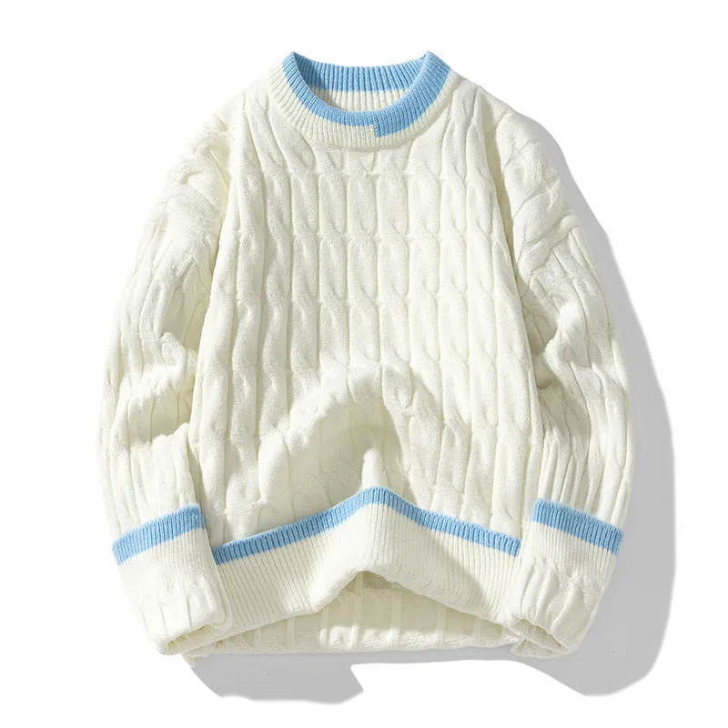Men's loose fit two-piece modal acrylic sweater set in beige, shown as a pullover with long sleeves.