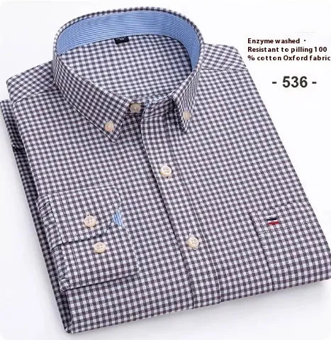 Men's pure cotton Oxford plaid long-sleeved casual shirt with slim fit and button front