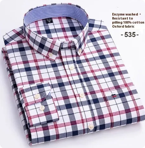 Men's pure cotton Oxford plaid long-sleeved casual shirt with slim fit and button front