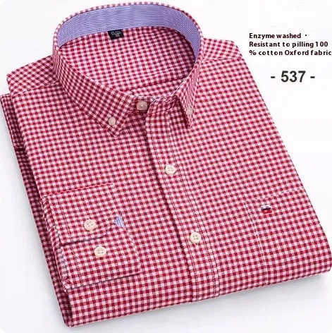 Men's pure cotton Oxford plaid long-sleeved casual shirt with slim fit and button front