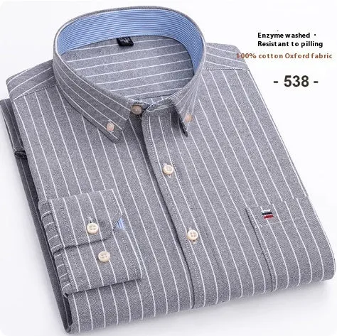 Men's pure cotton Oxford plaid long-sleeved casual shirt with slim fit and button front