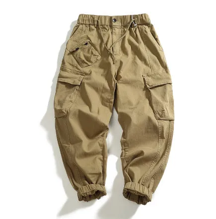 Men's multi-pocket stretch cargo casual pants in khaki, mid-waist ankle-tied style, worn-looking woven fabric