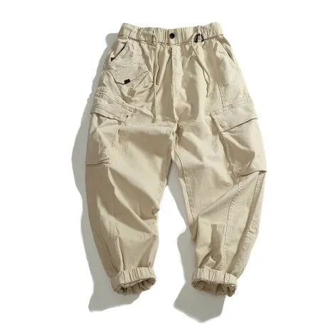 Men's multi-pocket stretch cargo casual pants in khaki, mid-waist ankle-tied style, worn-looking woven fabric