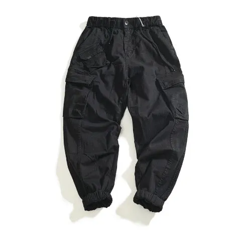 Men's multi-pocket stretch cargo casual pants in khaki, mid-waist ankle-tied style, worn-looking woven fabric