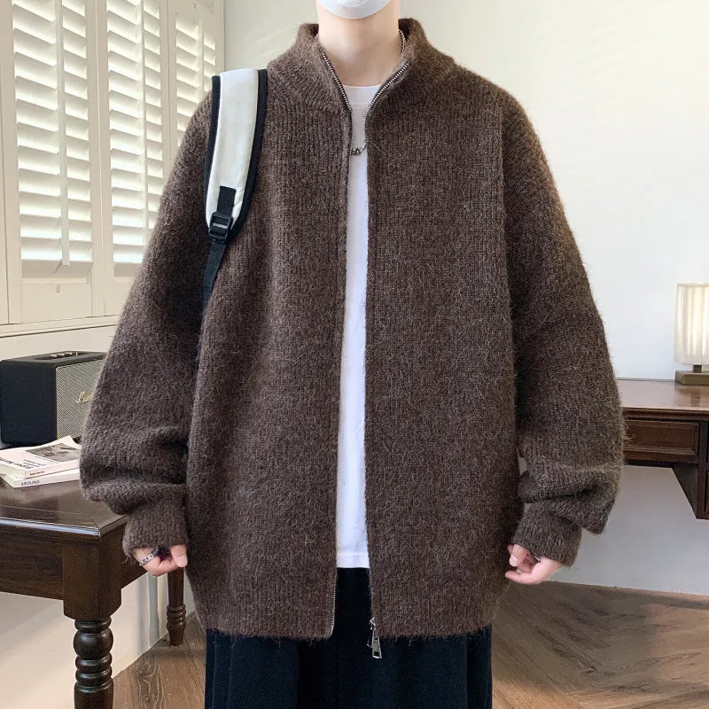 Men's casual stand collar cardigan sweater in beige, sizes M to 3XL, made from Vinylon fabric