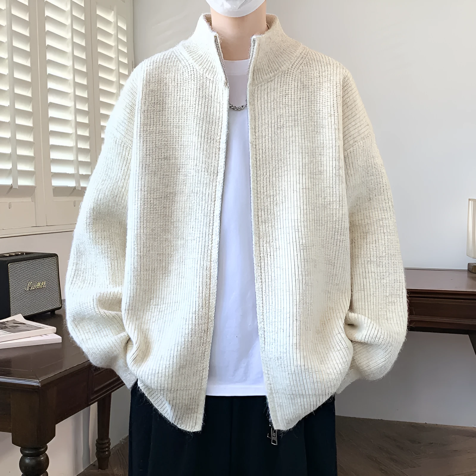 Men's casual stand collar cardigan sweater in beige, sizes M to 3XL, made from Vinylon fabric