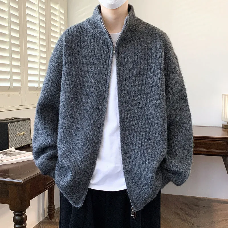 Men's casual stand collar cardigan sweater in beige, sizes M to 3XL, made from Vinylon fabric