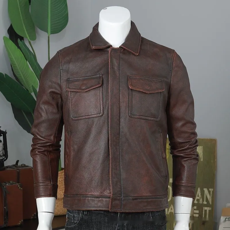 Men's retro short slim PU leather coat in black, front view