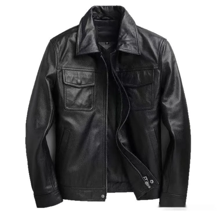 Men's retro short slim PU leather coat in black, front view
