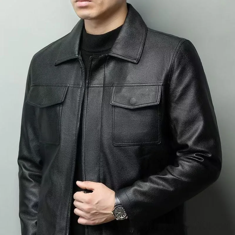 Men's retro short slim PU leather coat in black, front view
